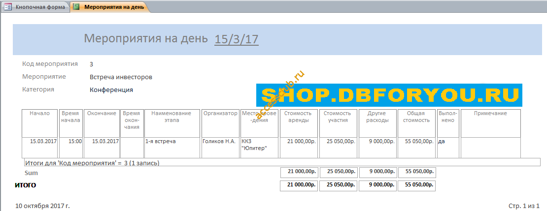 база данных Access «Намечаемые мероприятия». Мероприятия на день.