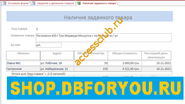 Наличие заданного товара в базе данных access Сведения о запасах товаров в сети магазинов Шустова. 