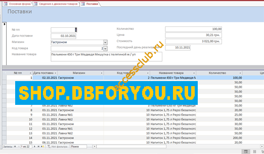 Скачать базу данных access Сведения о запасах товаров в сети магазинов Шустова. .Поставки