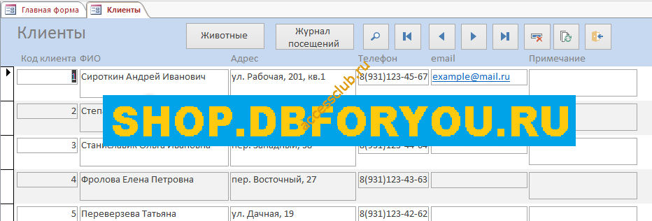 Форма Клиенты (Владельцы животных). Скачать базу данных access Ветеринарная клиника
