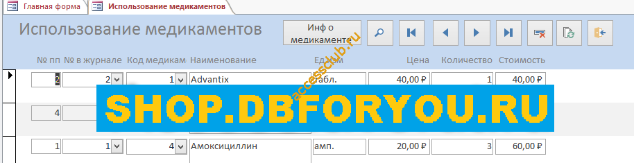 Скачать базу данных access Ветеринарная клиника. Форма использование медикаментов