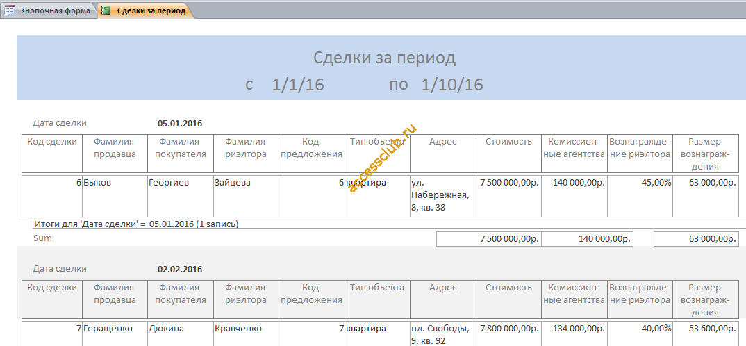 Скачать бд «Риэлторская контора» - сделки за период.