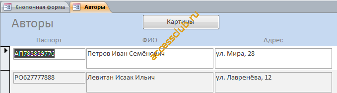 Форма «Авторы». Скачать пример готовой базы данных «Выставка-продажа картин».