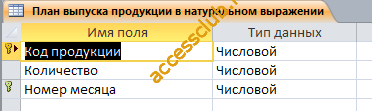Таблица "План выпуска продукции в натуральном выражении". Готовая база данных access.