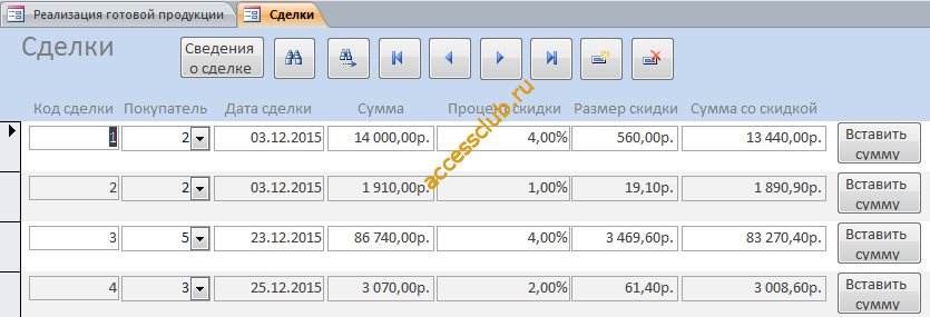 Скачать форму «Сделки» базы данных access “Реализация готовой продукции”.